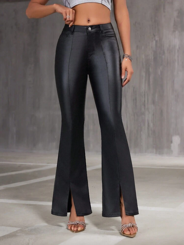 Women's Fashionable Solid Color Split Hem Fitted Flare Pants, Autumn Fall Cloth For Women