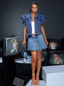 SHEIN BAE Của phụ nữ Tay áo xù Áo khoác denim - Màu xanh lam - Xem 4