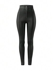 SHEIN Essnce Pu Leather Skinny Pants With Zipper Fly - Black - View 7