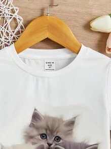SHEIN Toddler Girls' Casual Animal Pattern Short Sleeve T-shirt, Suitable For Summer - White - View 6