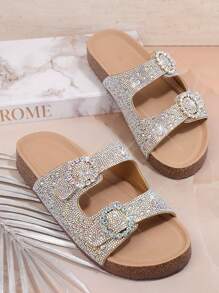 SHUZIA Giày sandal đế bệt bằng gỗ sồi lấp lánh đính đá Rhinestone khóa kép bán chạy nhất dành cho nữ - Thoải mái, sang trọng, lấp lánh. Giày đi nghỉ Giày thường Giày đi biển Quà tặng Ngày của Mẹ - Rượu sâm banh - Xem 3