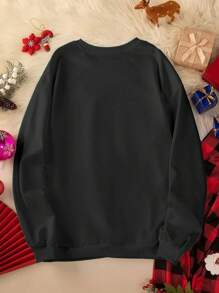 SHEIN LUNE 大码女式新年快乐图案圆领套头卫衣 - 黑色 - 查看 2