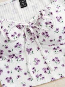 Soleia In hoa Ditsy Nút phía trước Áo phông Crop - Màu tím  Violet - Xem 4