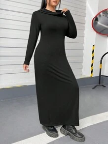 SHEIN EZwear Đầm bodycon trùm đầu màu trơn cỡ lớn - màu đen - Xem 3