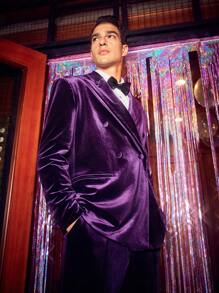 Business Casual Conjunto De Traje Holgado De Terciopelo Para Hombre Con Solapa De Pico, Cierre De Doble Botón Y Pantalón - Morado - Ver 7