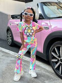 SHEIN Explorewe 年轻女孩扎染卡通印花短袖 T 恤和喇叭裤两件套 - 彩色 - 查看 3