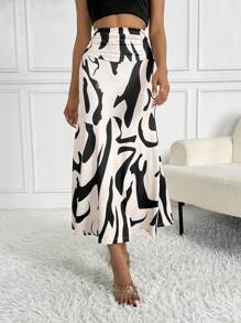 SHEIN Privé 圖案印花高腰裙 - 杏色 - 查看 4