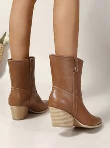 Women's Elegant Mid-Calf Boots With Pointed Toe, Chunky Heel And Brown Slip-On Design For Leisure - Brown - View 5