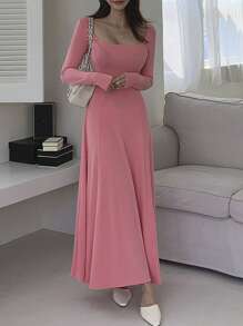 DAZY Women'S Solid Color Elegant Long Dress - Coral Pink - View 5