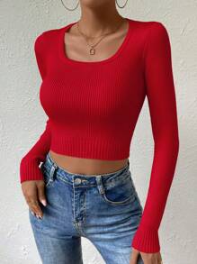 Chiquease 长袖短款修身休闲针织套头衫 秋冬毛衣 - 玫瑰紅 - 查看 6