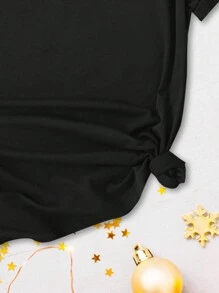 SHEIN Qutie 渐变色字母印花图案圆领短袖女式T恤 - 黑色 - 查看 3