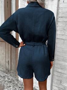 SHEIN LUNE Women's Long Sleeve Cinched Waist Self Tie Shirt Casual Romper Fall Cloth For Women - Navy Blue - View 2