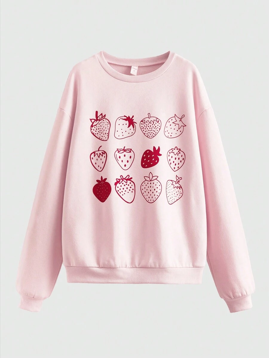 ROMWE Kawaii 可愛草莓圖案抓絨運動衫 - 粉色 - 查看 1