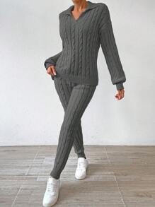 SHEIN Essnce Women's Lapel Sweater And Tie-Waist Sweater And Pants Two-Piece Set - Grey - View 3