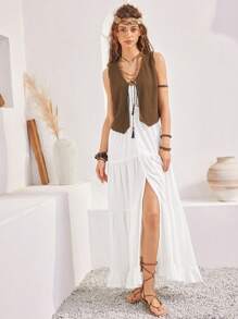 Bohemela Kỳ nghỉ Quý cô Xù Hoa Sen Váy Dây - Màu be - Xem 6