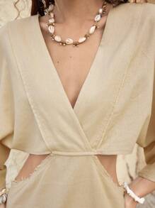 Bohemela Women's Solid Color Batwing Sleeve Waist Hollow Dress