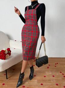 SHEIN Essnce Vestido De Escocés Tipo Pichi Con Bolsillos Oblicuos - Multicolor - Ver 3