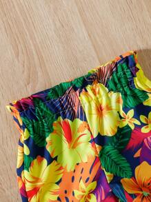 Conjunto de top de encaje y pantalones cortos con estampado floral de estilo vacacional para niñas bebés, de moda para primavera y verano - Multicolor - Ver 7