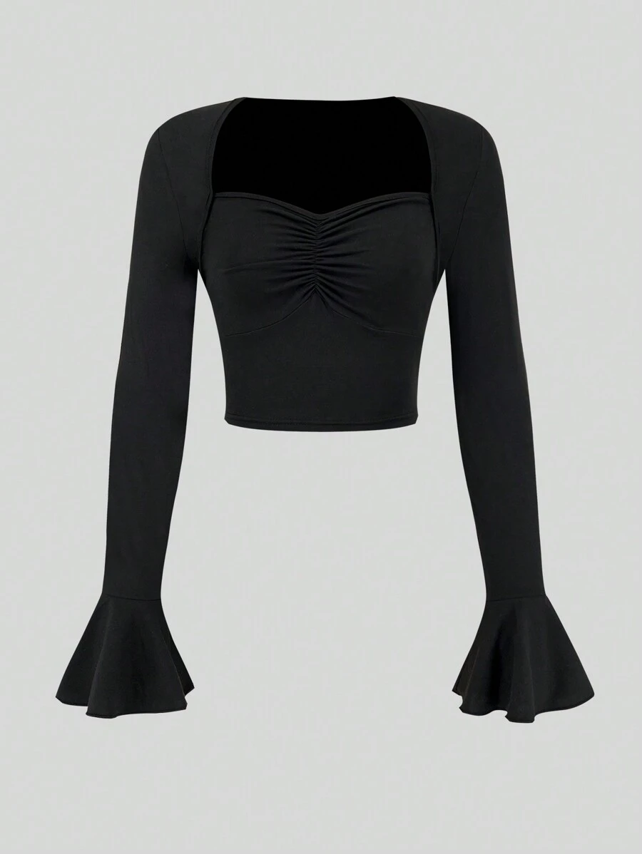 SHEIN Unity 女款純色雞心領喇叭袖百褶 T 卹 - 黑色 - 查看 1