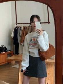 Women's Slogan Print Round Neck Sweatshirt - Light Grey - View 3