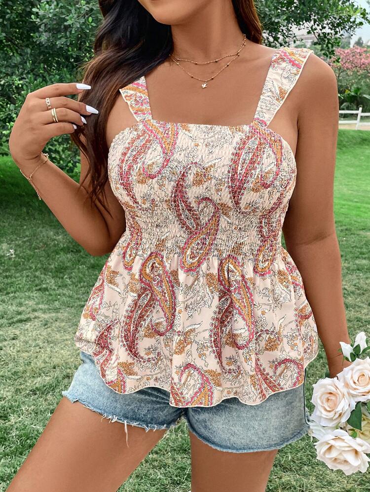 Plus Size Women's Shirred Paisley Printed Cap Sleeve Blouse