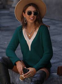 SHEIN LUNE 女用撞色蕾絲拼布毛絨 T 卹 - 墨綠色 - 查看 4