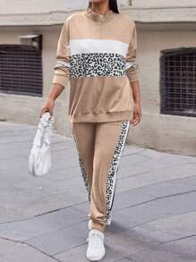 EURMUSE Women's Plus Size Leopard Print Long-Sleeved Two-Piece Set - Camel - View 4