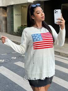 SHEIN EZwear 美國國旗磨損毛衣 - 白色 - 查看 5