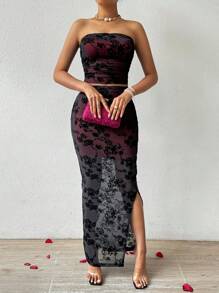 SHEIN Privé Black Flocked Women's Two-Piece Set - Black - View 5