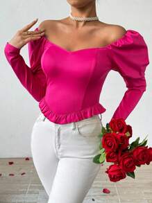 SHEIN Privé Women's Leg Of Leg-Of-Mutton Sleeve Frill Hem T-Shirt - Hot Pink - View 4