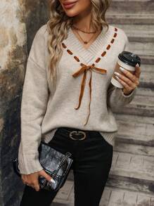 SHEIN LUNE Lace-Up Drop Shoulder Pullover Knit Pullover Fall Winter Sweater - Khaki - View 6