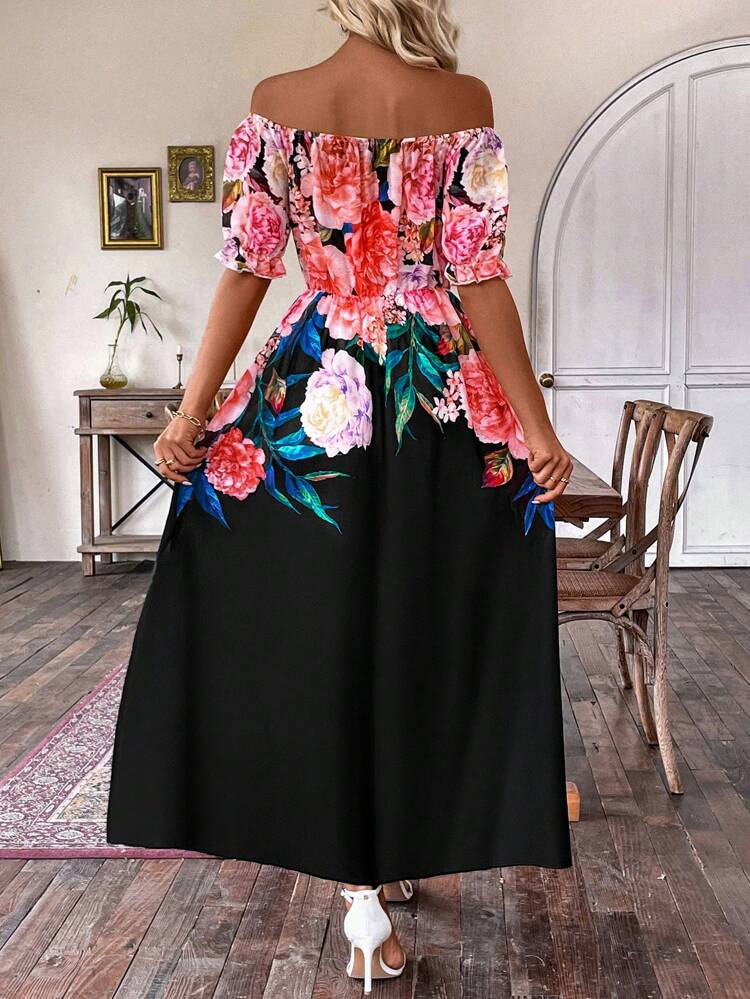Floral Printed Open Shoulder Bell Sleeve Dress