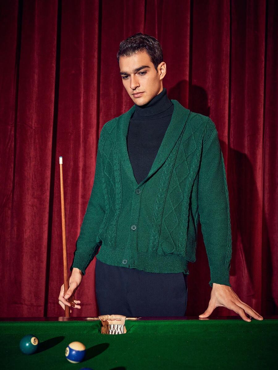 Manfinity VCAY Men'S Cable Knit Shawl Collar Cardigan - Green - View 1