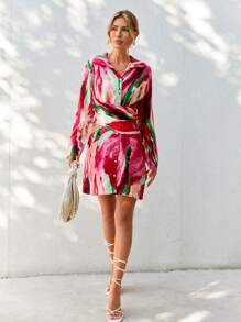 SHEIN Privé 女士印染長袖襯衫連衣裙 - 彩色 - 查看 3