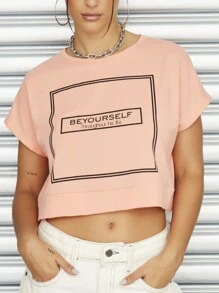 Camiseta Cropped Feminina de Manga Curta com Gola Redonda e Estampa de Slogan - Rosa chiclete - Visão 6