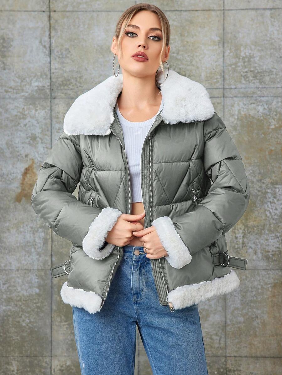MIEGOFCE Damen Lange Ärmel Reißverschluss Lässig Flauschige Patchwork Winter Jacke - Hellgrau - Übersicht 1