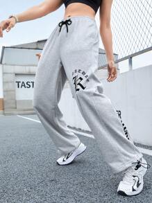 SHEIN Street Sport 印有字母的彈性腰運動褲 - 淺灰色 - 查看 9