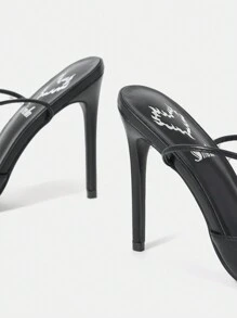 Black Pu Leather & Silver Bowknot Decor Sexy Fashion Women's High-heeled Lace-up Sandals
