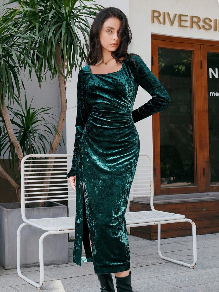 Women's High Slit Velvet Dress Maxi Women Outfit