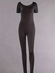 Simple Casual Style Solid Black Skinny Jumpsuit Unitard, Versatile For Commuting For Spring/Summer Wear Workout Sets Women - Black - View 3