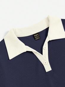 SHEIN EZwear 對比領口鈕扣緊身針織連衣裙 - 藏蓝色 - 查看 6