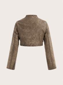 SHEIN ICON Women's Zippered Cropped Fall Clothes Women Jacket,Ladies Late Fall Casual Zipper Regular Sleeve Stand Collar Regular Fit Coffee Brown Plain Women Jackets,Casual Daily Wear