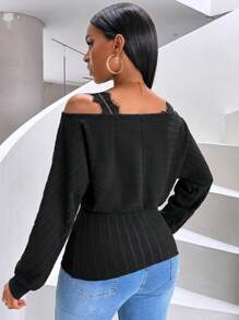 SHEIN Slayr 女款露肩羅紋長袖 T 卹 - 黑色 - 查看 2