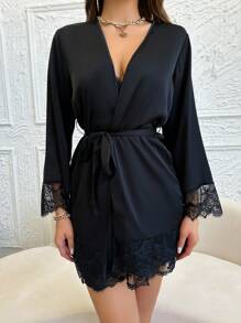 Solid Color Splicing Lace Trimmed Pajama Set With Waist Belt, Fall Winter Clothes Cozy And Elegant Details - Black - View 5