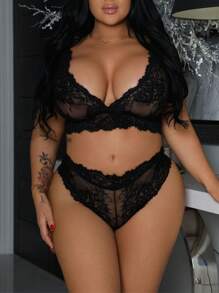 Kích thước lớn Của phụ nữ Ren Sexy Bộ đồ lót - màu đen - Xem 6