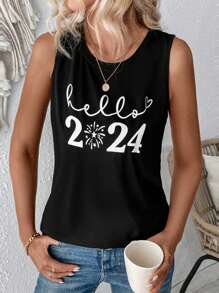 SHEIN LUNE Áo ba lỗ in hình chúc mừng năm mới 2024 dành cho nữ cho mùa hè - màu đen - Xem 1