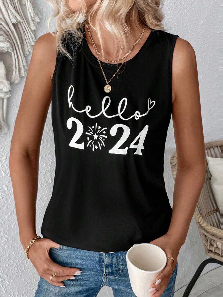 SHEIN LUNE Áo ba lỗ in hình chúc mừng năm mới 2024 dành cho nữ cho mùa hè - màu đen - Xem 1