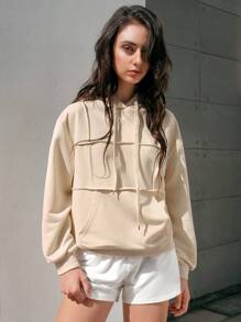 SHEIN Unity Women's Solid Color Hooded Sweatshirt With Drawstring Pullover Fall Sweatshirt - Apricot - View 5