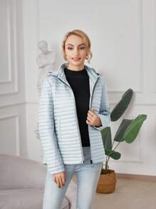 Zipper Front Hooded Quilted Coat - Grey - View 1