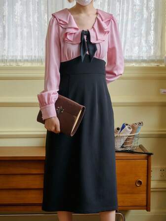 Simple Retro Patchwork Black Bow Tie Ruffle Round Neck Long Dress